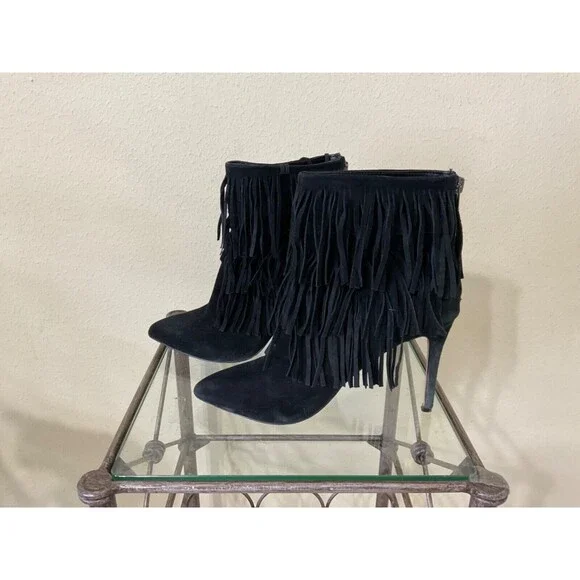 Steve Madden Black Suede Fringe Stiletto Booties - Picture 2 of 12